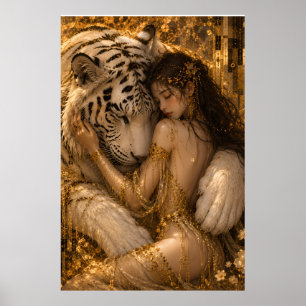 Poster Abraço Fantástico do Tigre Branco Dourado em Arte 