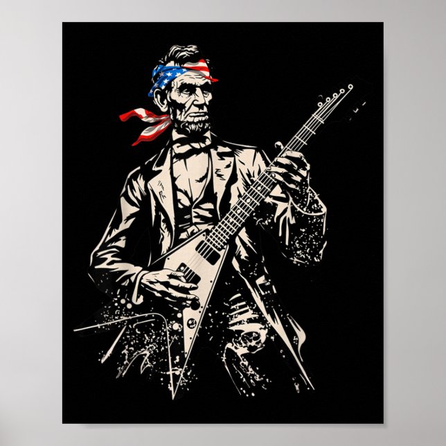 Poster Abraham Lincoln retrô tocando guitarra Rock Roll (Frente)