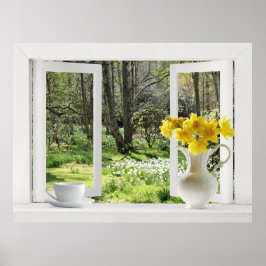 Póster Abrir janela na cena do Woodland com Daffodils