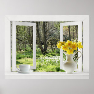 Póster Abrir janela na cena do Woodland com Daffodils