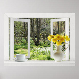 Póster Abrir janela na cena do Woodland com Daffodils