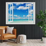 Poster Abrir janela na praia<br><div class="desc">Linda interpretação de pincel de aquarela da água azul cristal e céus azuis igualmente brilhantes pela janela aberta na sua vila de férias na praia.</div>