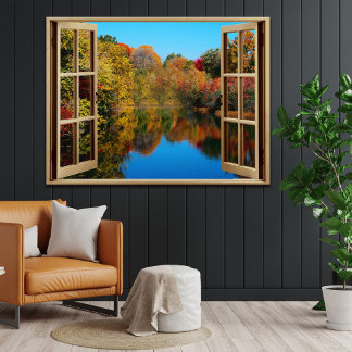 Póster Abrir Lakeside de Outono da Janela