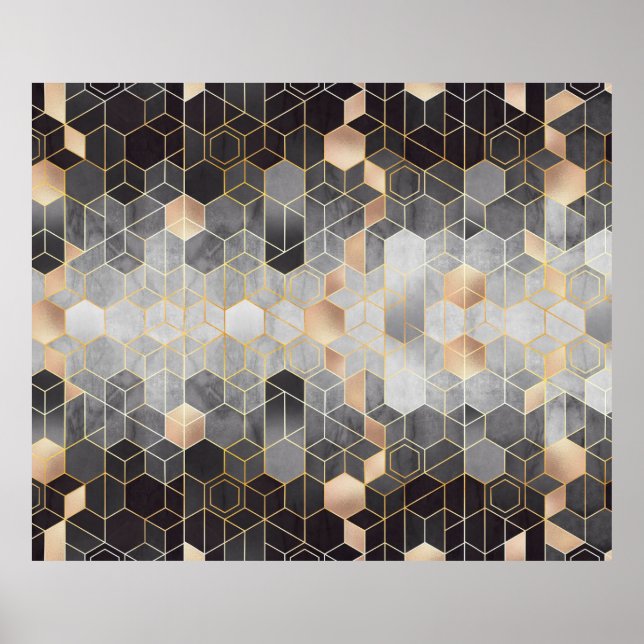 Poster Abstração geométrica de hexágonos em preto e w (Frente)