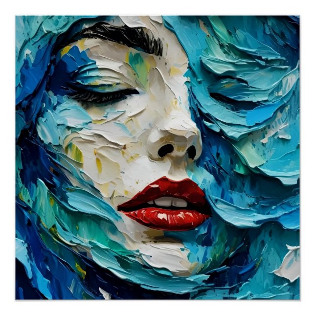 Póster Abstract art painting female face ocean waves (Frente)