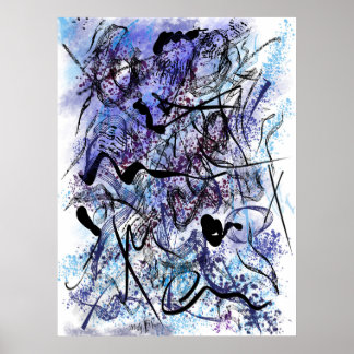 Poster Abstract Blue Black Brushstrokes Splashes Wall Art