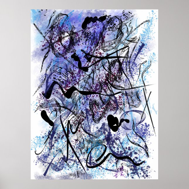 Poster Abstract Blue Black Brushstrokes Splashes Wall Art (Frente)