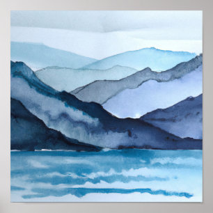 Poster Abstract Blue Watercolor Landscape Mountains Ocean