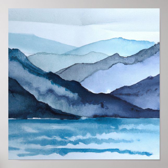 Poster Abstract Blue Watercolor Landscape Mountains Ocean (Frente)