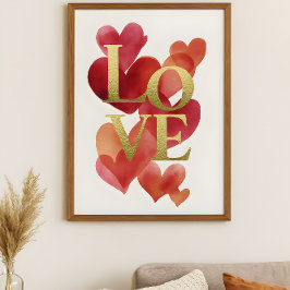 Poster Abstract Hearts and Gold LOVE Typography Art