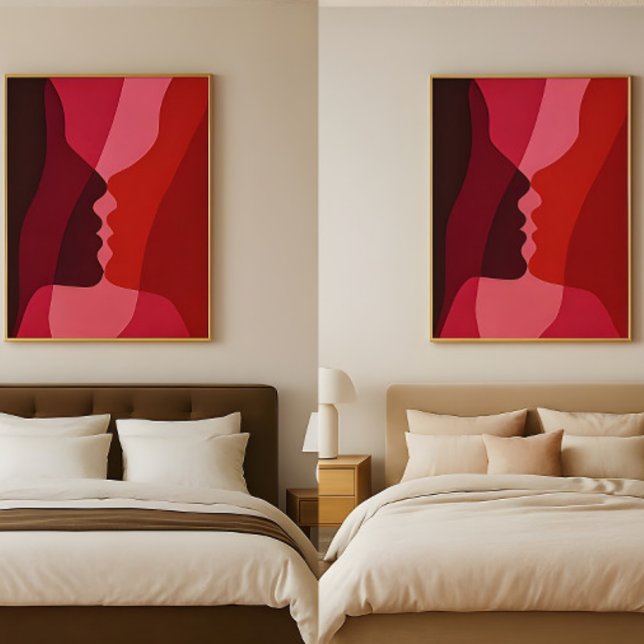 Poster Abstract Kissing Silhouettes in Red & Magenta (Criador carregado)