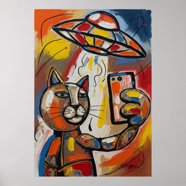 Poster Abstract UFO Cat Colorful Cubist Cat (Frente)