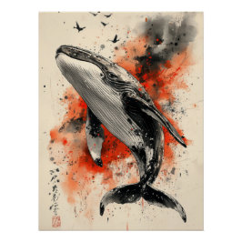 Póster Abstract Whale Art - Watercolor Style Ocean Print