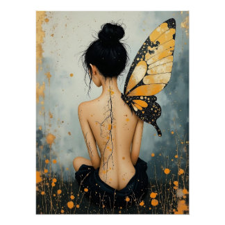 Póster Abstract Whimsical Woman and Butterfly