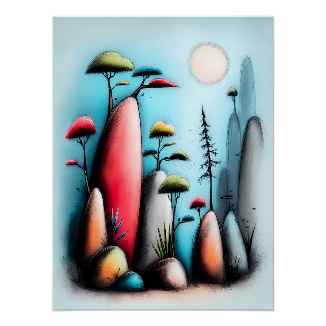 Póster Abstrakte Landschaft mit Bäumen und Mond (Frente)