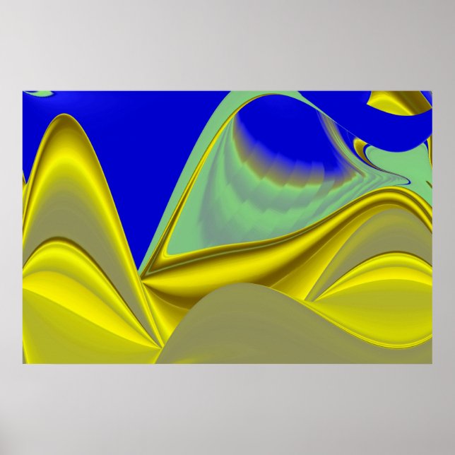Poster abstrato 3D em azul Dourado amarelo verde (Frente)