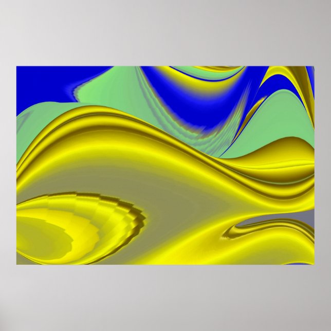 Poster abstrato 3D em azul Dourado amarelo verde (Frente)
