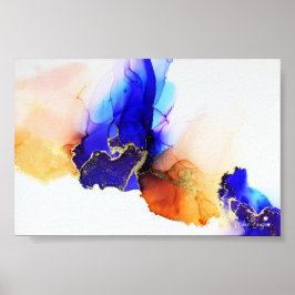 Poster Abstrato Alcool Tinta Azul Laranja Dourado
