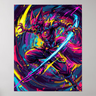 Poster Abstrato Anime: Neon Kitsune Warrior