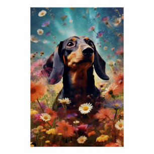 Póster Abstrato Art Dachshund Com Flores