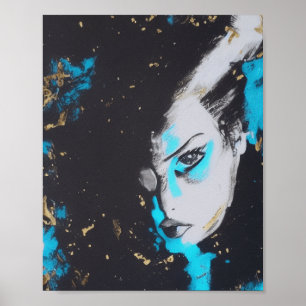 Poster Abstrato Art Deco Mulher - Negra e Turquesa