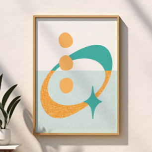 Poster Abstrato Atômico Meados do Século Aqua, Laranja, A