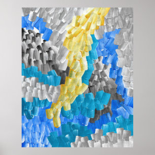 Poster Abstrato Brushstrokes em Amarelo, Azul e Cinza