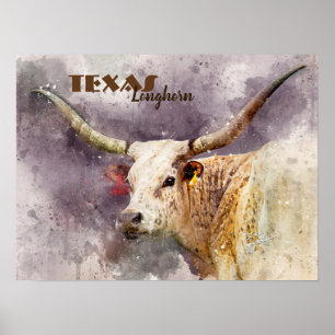Póster Abstrato da foto da aguarela de Texas Longhorn
