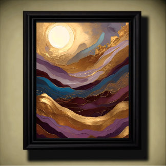 Poster Abstrato de Aquarela com pintura Dourada Púrpura A