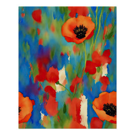 Póster Abstrato de Aquarela de Campo de Flor de Poppy
