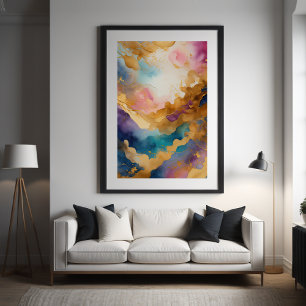 Poster Abstrato de Aquarela Pintura Orgânica Dourada 2:3