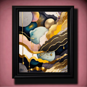 Poster Abstrato de Aquarela Pintura Orgânica Dourada 4:5