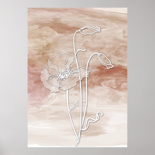Poster Abstrato de Areia Marrom Aquarela e Poppies 2 (Frente)