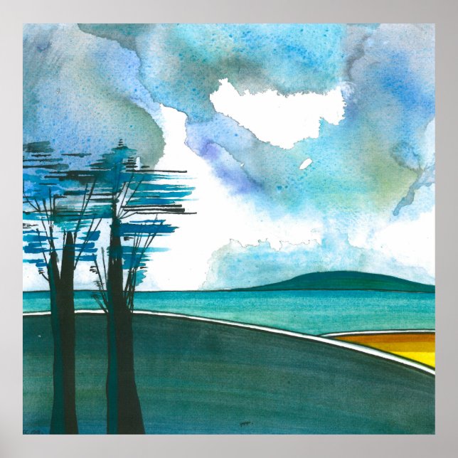 Poster Abstrato de arte azul-ilha/Impressão 24 x 24" (Frente)