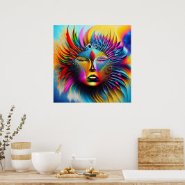 Poster Abstrato de Boho com face solar psicodélica