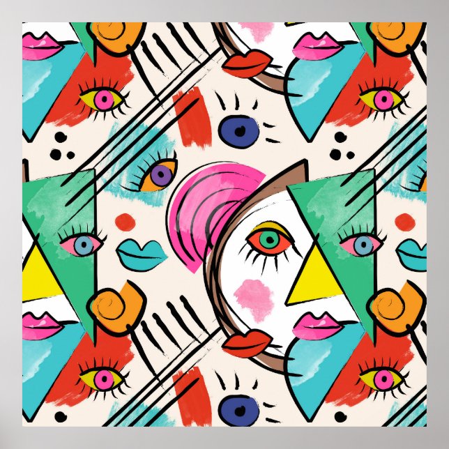 Poster Abstrato de Cubismo Moderno Artsy Enfrenta Arte (Frente)