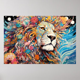 Poster Abstrato de Encantamento de Leão Colorido Animal