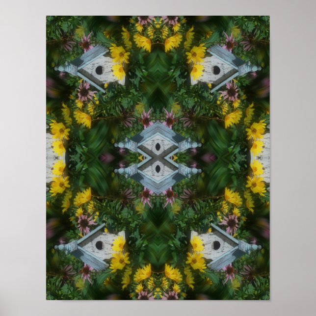 Poster Abstrato de Espelhamento do Jardim Flor de Birdhou (Frente)