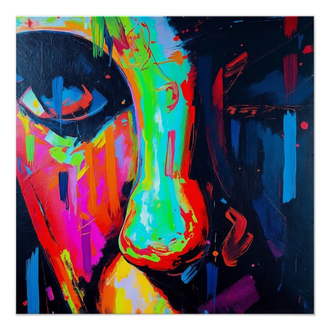 Póster Abstrato de Expressão vívida neon face com Trabalh (Frente)