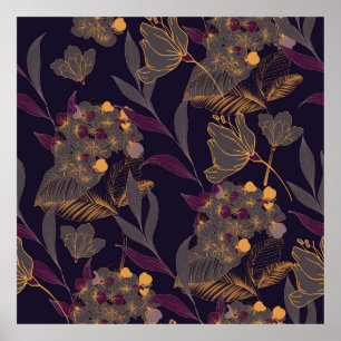 Poster Abstrato de flores e folhas sobre um ouro