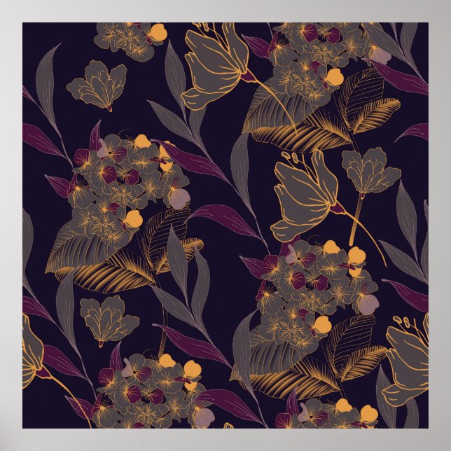 Poster Abstrato de flores e folhas sobre um ouro (Frente)