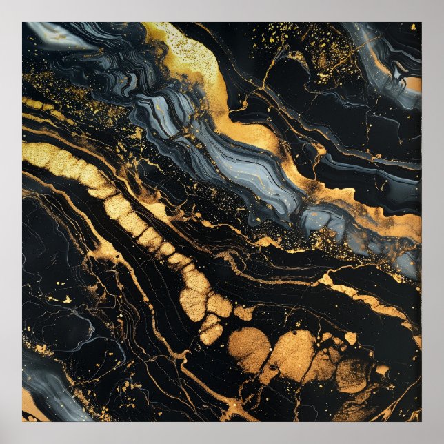 Poster Abstrato de fluido preto, dourado e branco (Frente)
