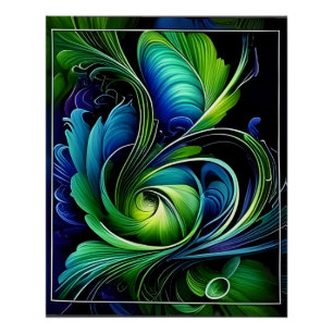 Póster abstrato de folha verde azul