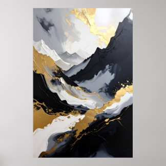 Poster Abstrato de Montanha Preto Branco e Dourado de Lux