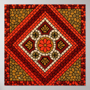 Poster Abstrato de mosaico Arte Floral vermelha e marrom