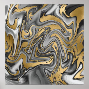 Poster Abstrato De Óleo Marmoreado Preto, Branco E Doura