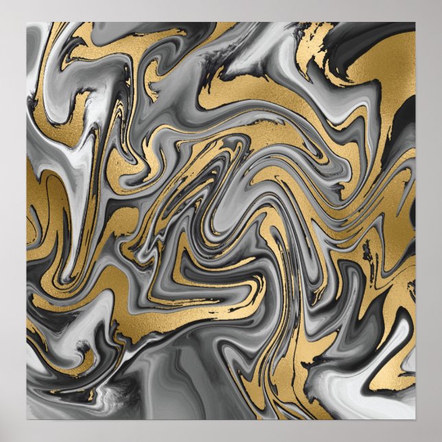 Poster Abstrato De Óleo Marmoreado Preto, Branco E Dourad (Frente)