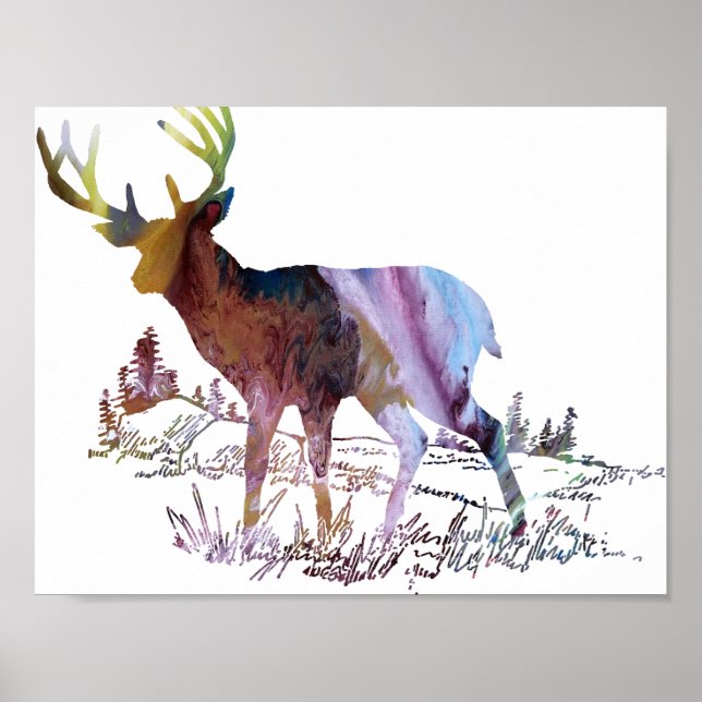 Poster Abstrato Deer na Silhueta Florestal (Frente)