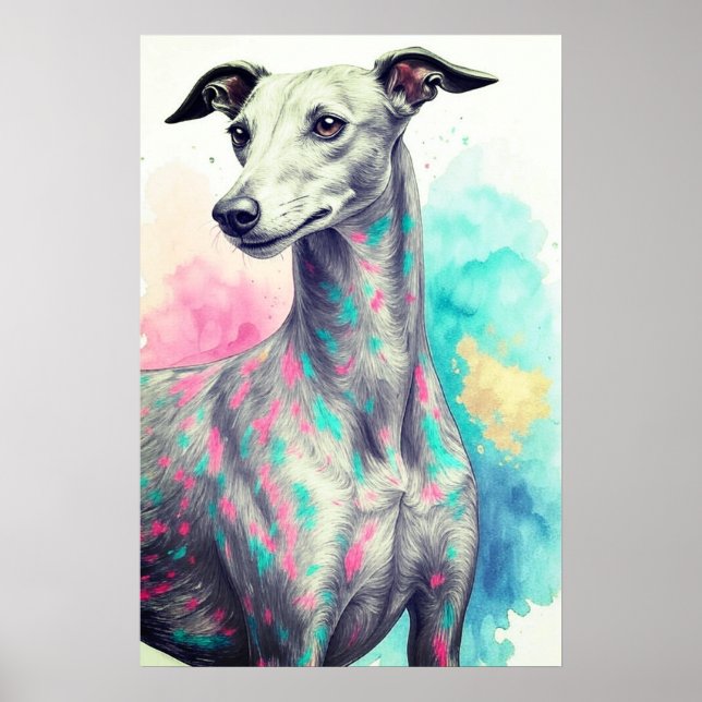 Poster Abstrato Desenhar Greyhound com cores vibrantes pe (Frente)