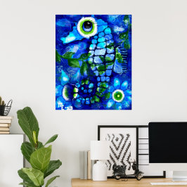 Poster Abstrato do Whimsso Seacavalo Azul Teal Verde Flor
